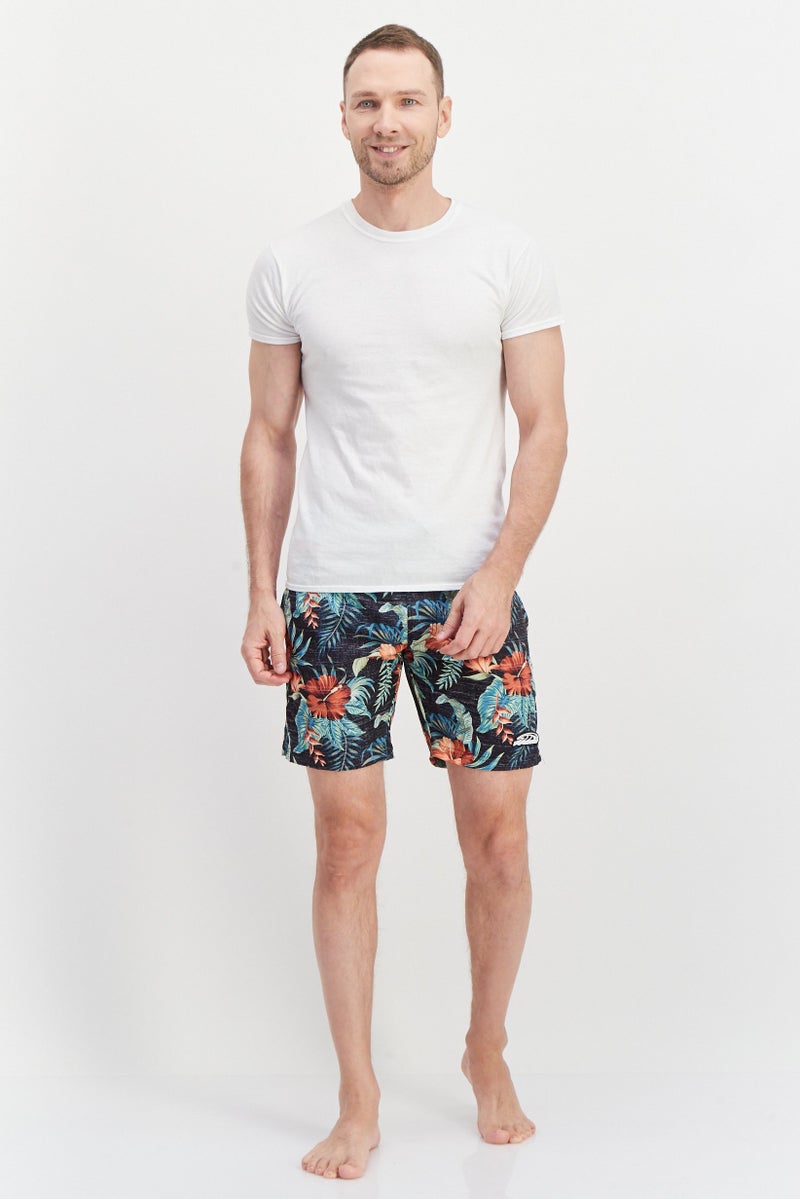 Men Drawstring All Over Printed Board Shorts, Black/Orange Combo