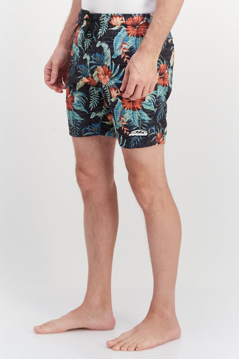 Men Drawstring All Over Printed Board Shorts, Black/Orange Combo