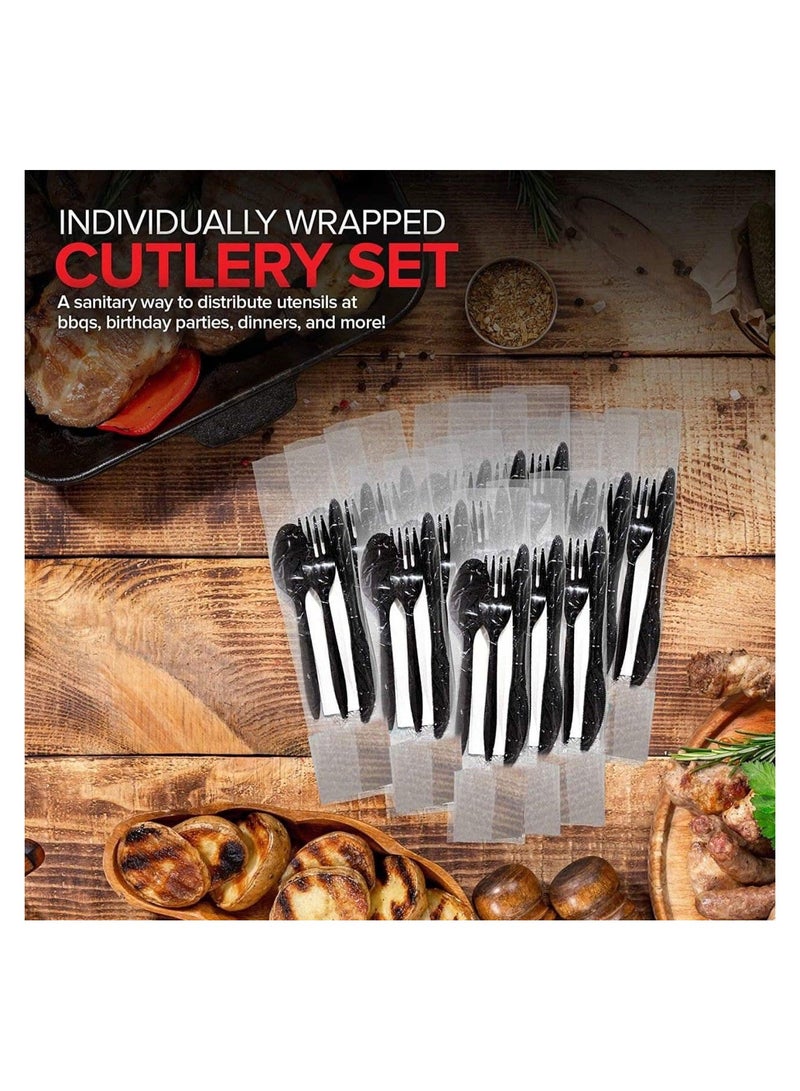[50 Pack] Black Plastic Cutlery Set with Napkin | Disposable Utensils for Camping, Traveling, and Party Supplies