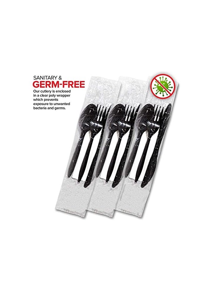 [50 Pack] Black Plastic Cutlery Set with Napkin | Disposable Utensils for Camping, Traveling, and Party Supplies