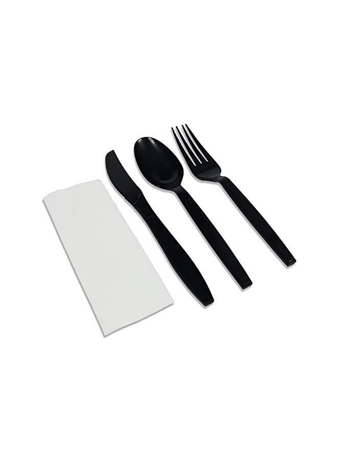 [50 Pack] Black Plastic Cutlery Set with Napkin | Disposable Utensils for Camping, Traveling, and Party Supplies