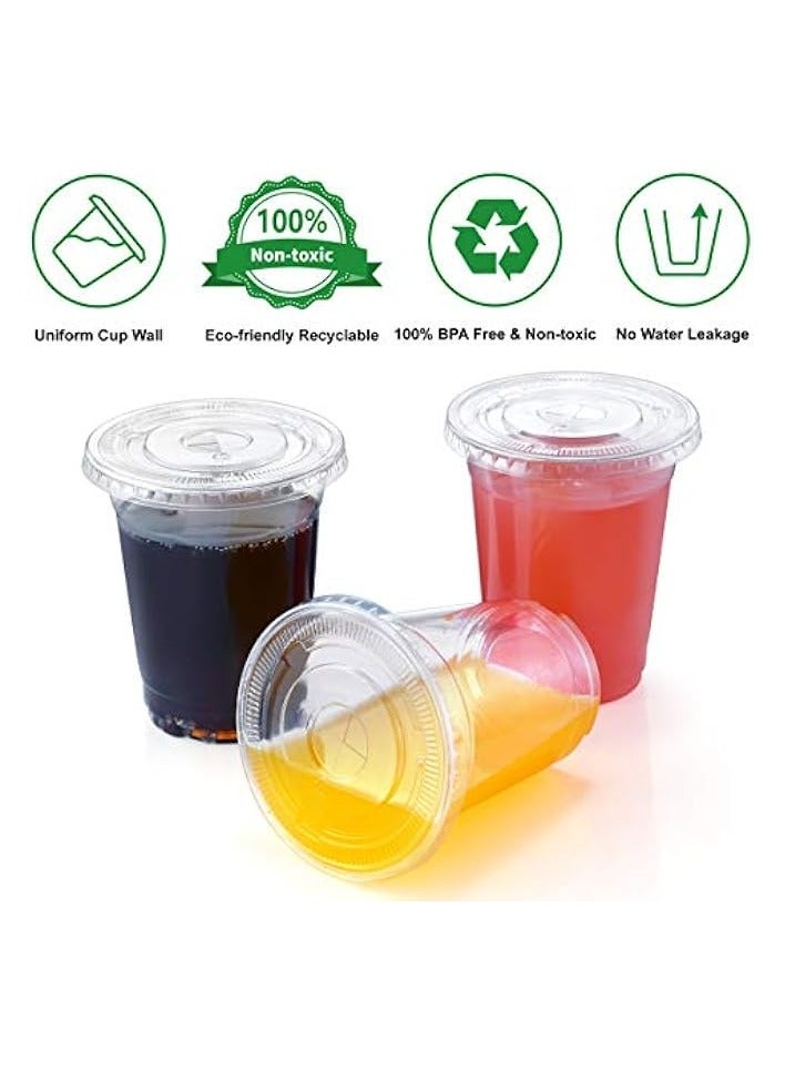 12 oz Plastic Cups with Lids 100 Sets Clear Disposable Plastic Party Cups with Flat Lids to Go, Cold Drink Cups, Smoothie Cups, Milkshake Cups