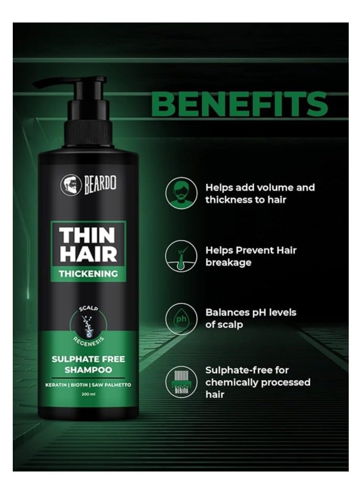 Beardo Thin Hair Thickening Sulphate free Shampoo, 200 ml | Keratin Shampoo for men | Sulphate and Paraben Free Shampoo | Biotin & Saw Palmetto For Strong & Thick Hair