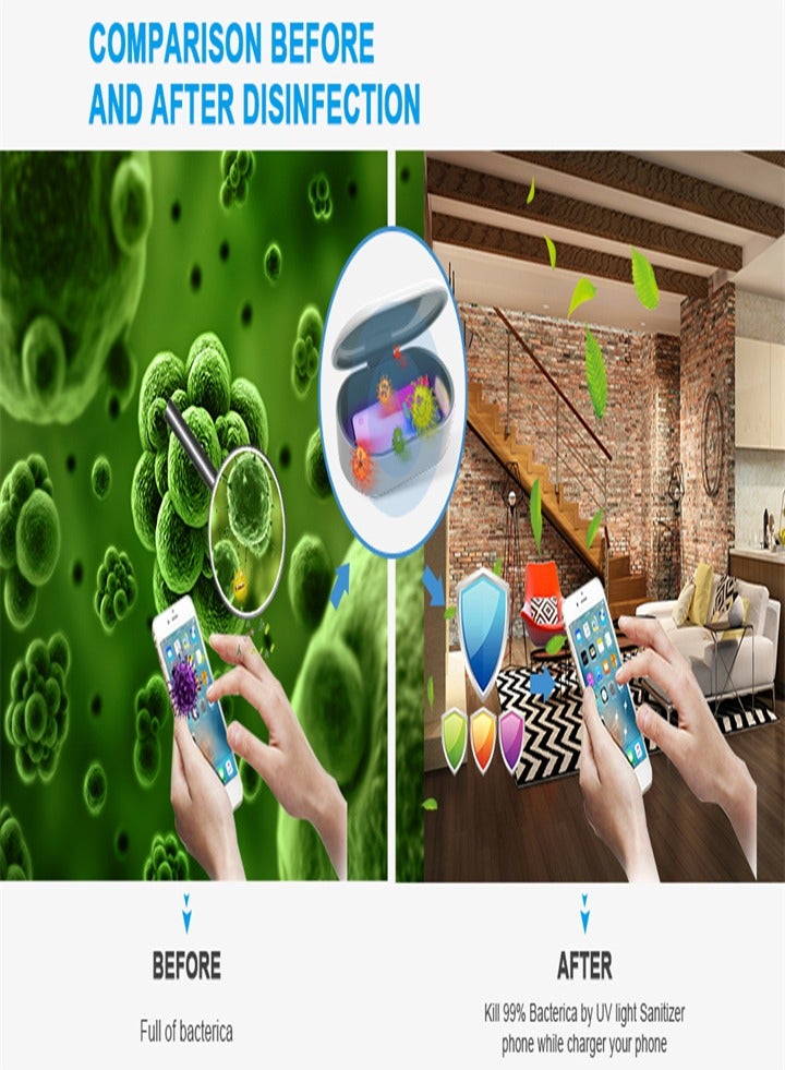 UV sterilizer with wireless charger, cleaning box with aroma diffuser, portable disinfection box for masks, toothbrushes, glasses, headphones, jewelry