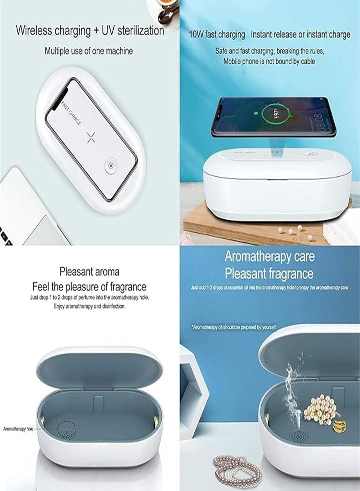 UV sterilizer with wireless charger, cleaning box with aroma diffuser, portable disinfection box for masks, toothbrushes, glasses, headphones, jewelry