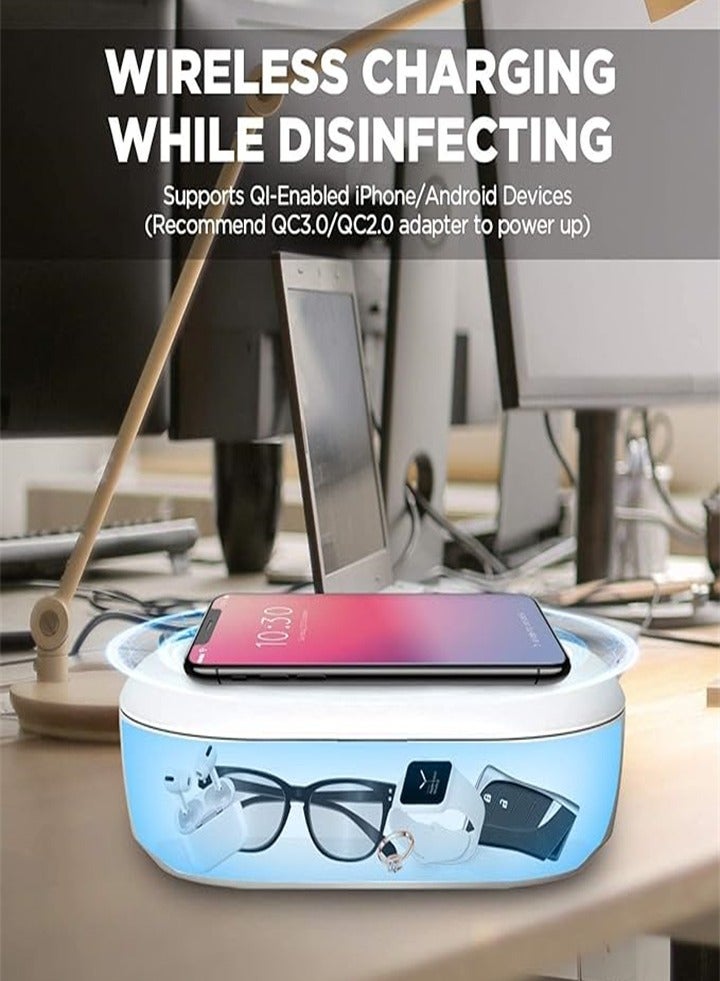 UV sterilizer with wireless charger, cleaning box with aroma diffuser, portable disinfection box for masks, toothbrushes, glasses, headphones, jewelry