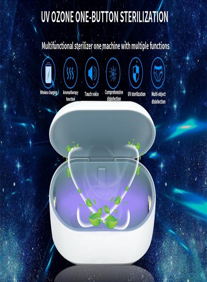 UV sterilizer with wireless charger, cleaning box with aroma diffuser, portable disinfection box for masks, toothbrushes, glasses, headphones, jewelry