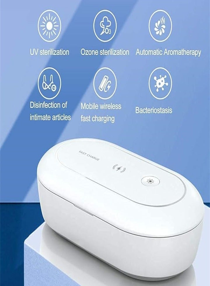 UV sterilizer with wireless charger, cleaning box with aroma diffuser, portable disinfection box for masks, toothbrushes, glasses, headphones, jewelry