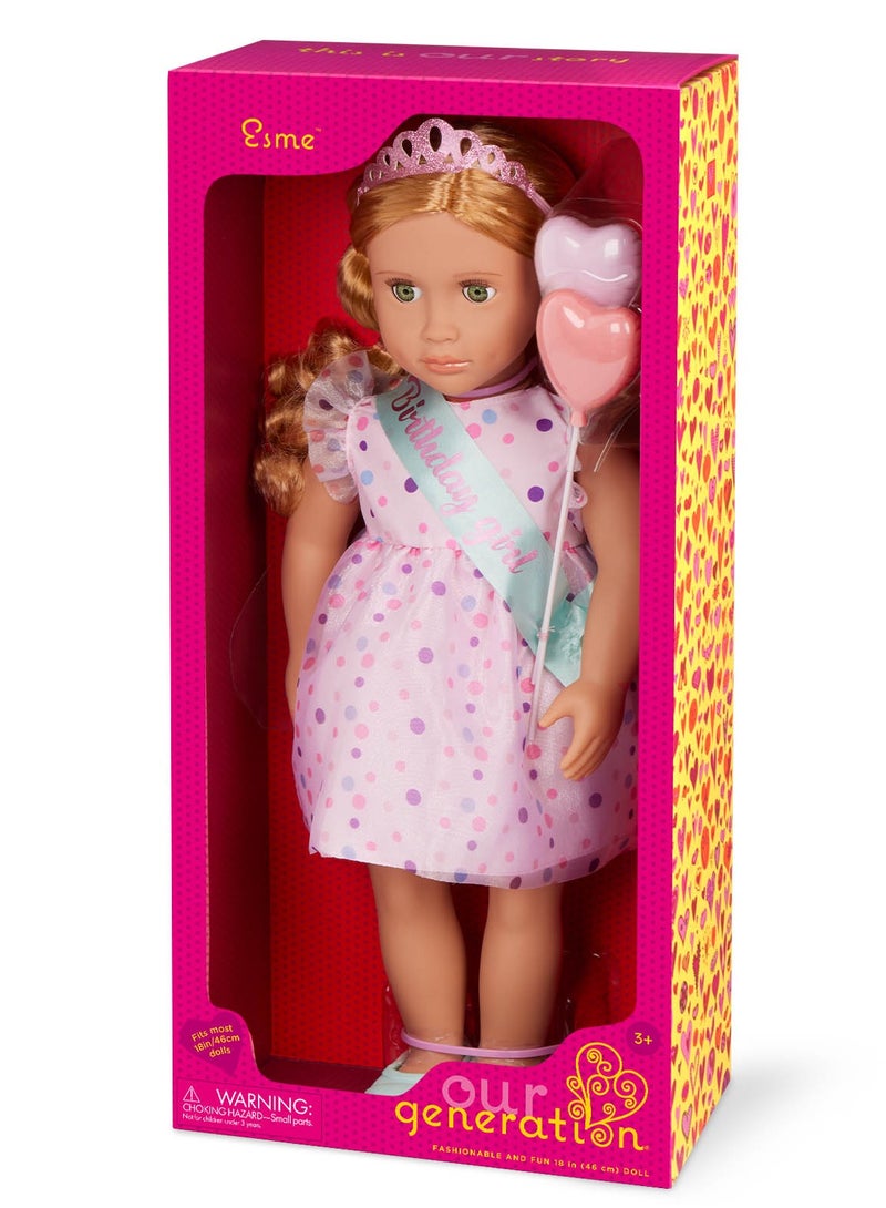 Esme 18-Inch Fashion Doll Birthday Celebration Fun And Interactive Dress-Up Soft Body With Movable Limbs, Fabric Clothing Age 3 Years And Up