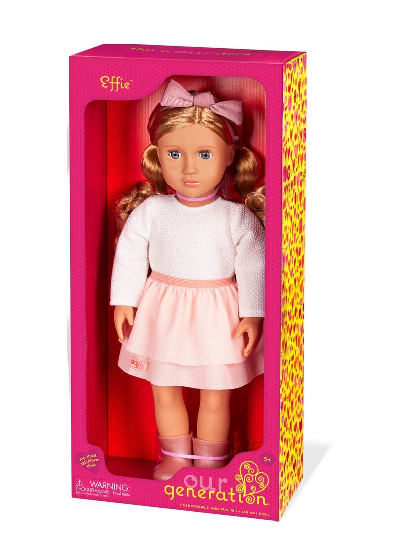 Effie 18 Inch Fashion Doll Pink Bow & Skirt Outfit Fun Dress-Up And Imaginative Play Soft Body With Movable Limbs, Fabric Clothing Age 3 Years And Up