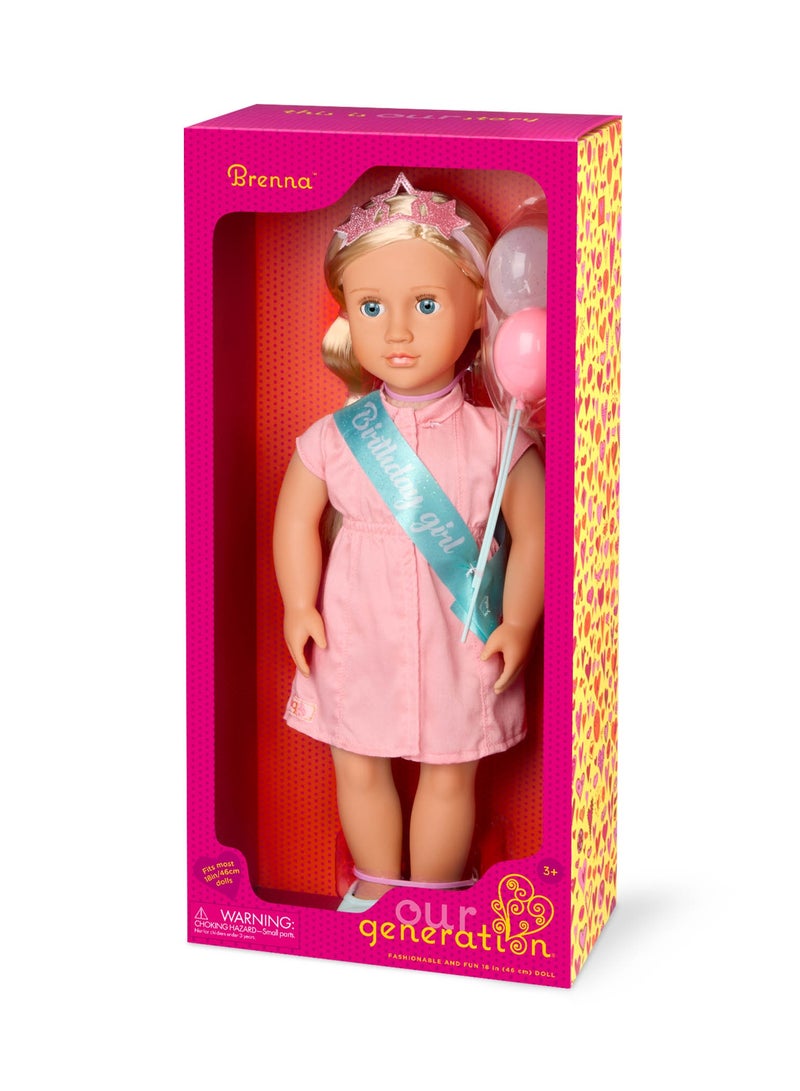 Brenna 18-Inch Fashion Doll Festive Dress-Up And Birthday Fun Soft Body With Movable Limbs, Fabric Clothing Age 3 Years And Up