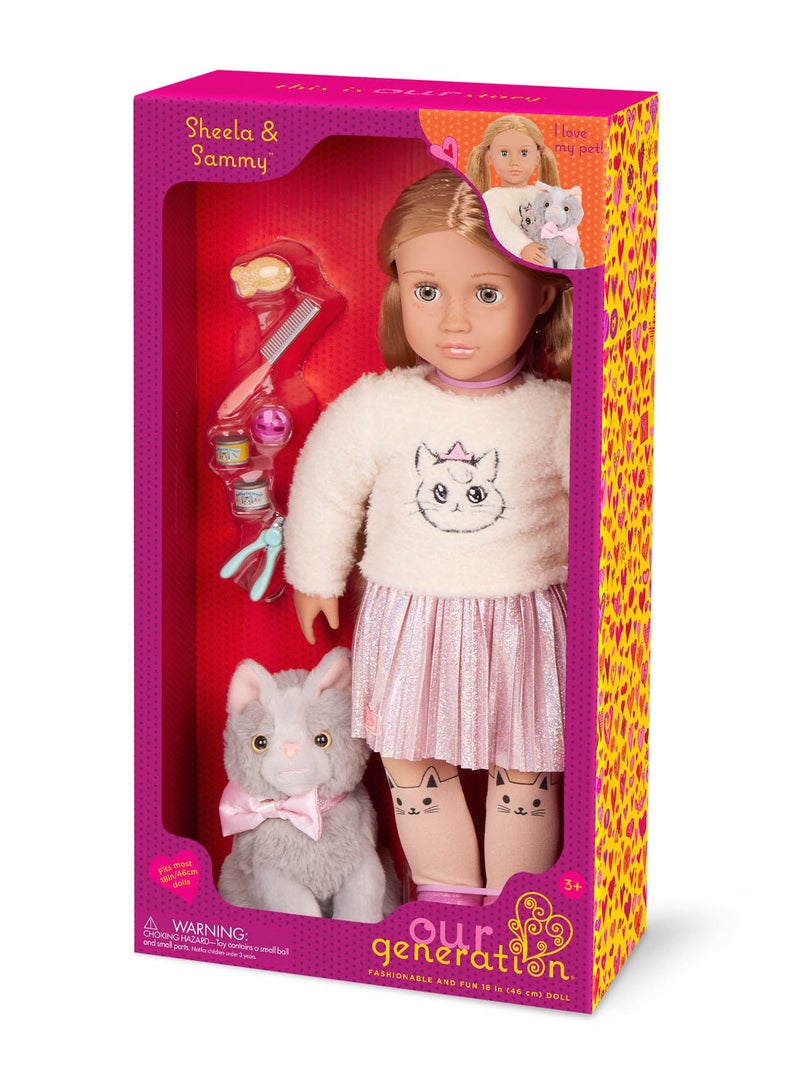 Sheela 18-Inch Doll & Pet Cat Plush Set Stylish Outfit And Fun Accessories  Soft Body With Movable Limbs, Fabric Clothing Age 3 Years And Up