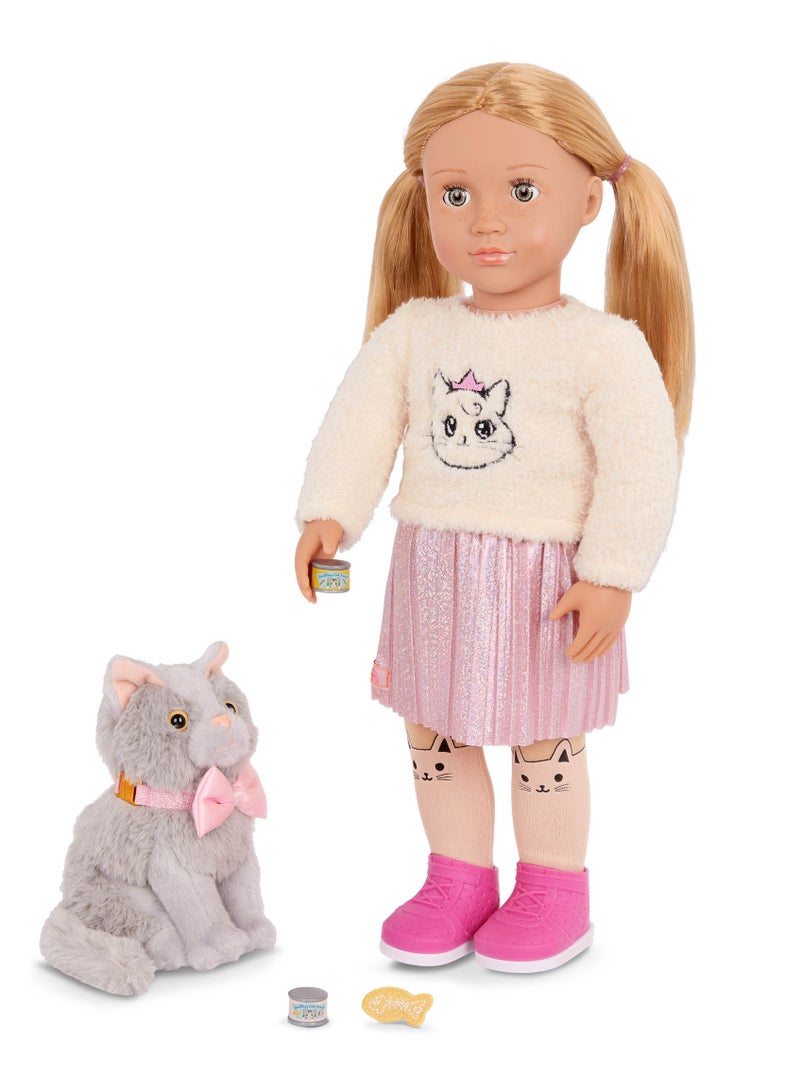 Sheela 18-Inch Doll & Pet Cat Plush Set Stylish Outfit And Fun Accessories  Soft Body With Movable Limbs, Fabric Clothing Age 3 Years And Up