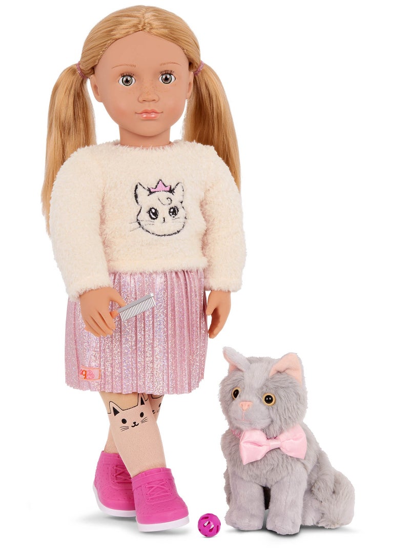 Sheela 18-Inch Doll & Pet Cat Plush Set Stylish Outfit And Fun Accessories  Soft Body With Movable Limbs, Fabric Clothing Age 3 Years And Up