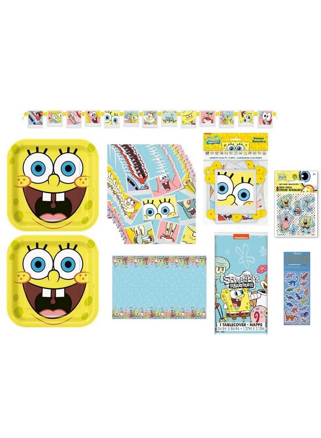 Spongebob Squarepant Birthday Party Supplies Decoration Bundle Pack Includes Lunch Plates Lunch Napkins Table Cover Happy Birthday Banner Stickers (Bundle For 16)