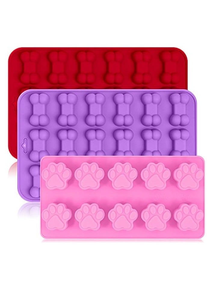 3 Pack Silicone Ice Molds Trays with Puppy Dog Paw and Bone Shape, Reusable Bakeware Maker for Baking Chocolate Candy, Oven Microwave Freezer Dishwasher Safe