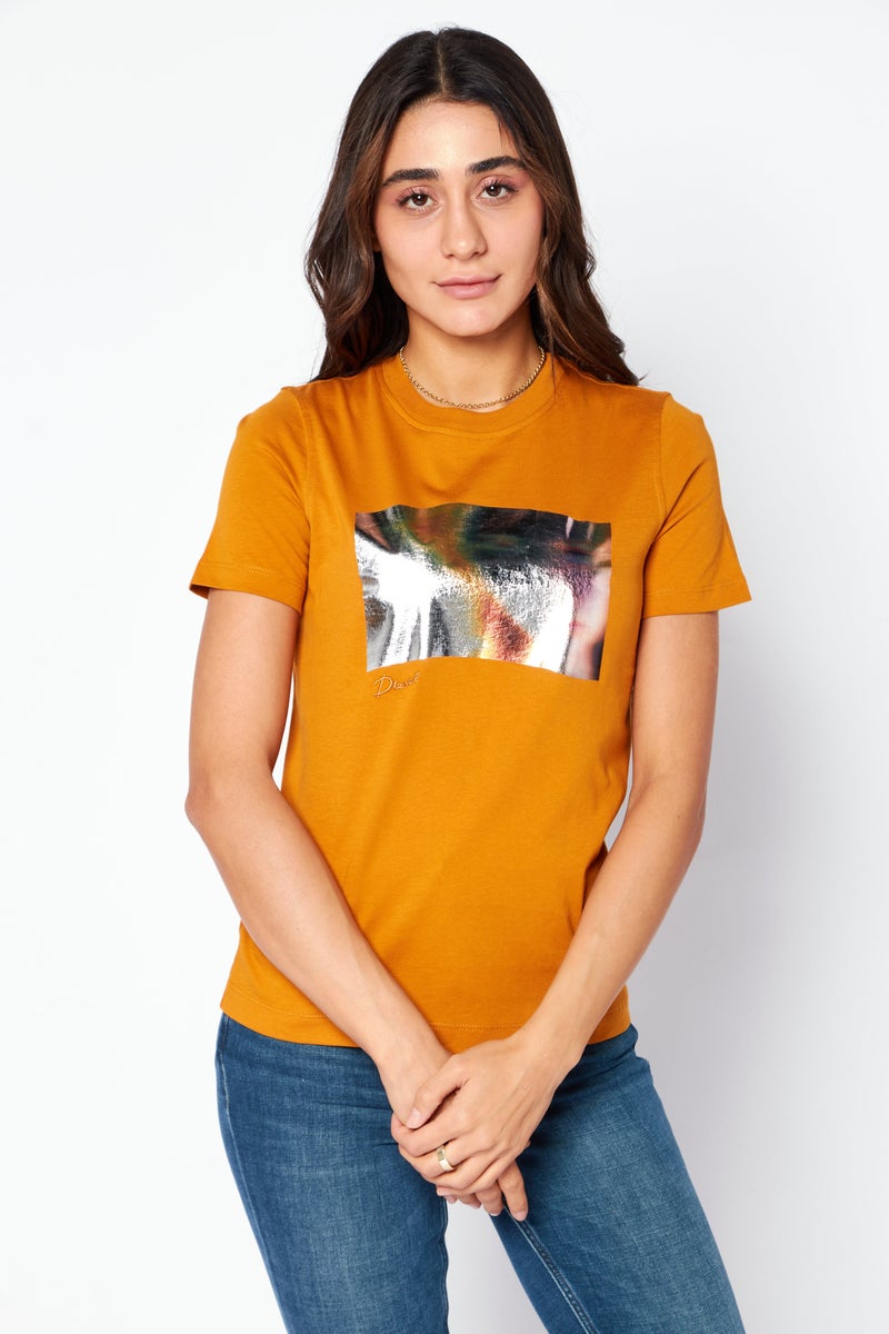 Women Crew Neck Short Sleeve Textured T Shirt, Rust