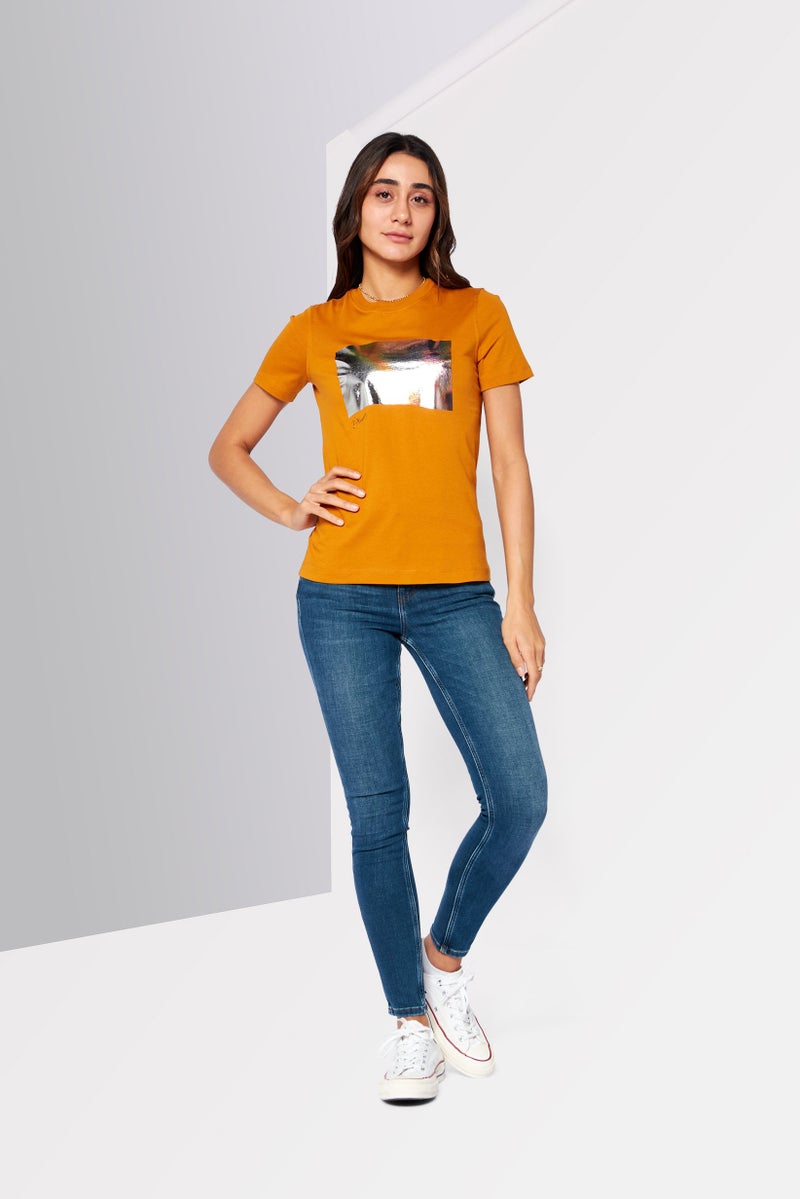 Women Crew Neck Short Sleeve Textured T Shirt, Rust