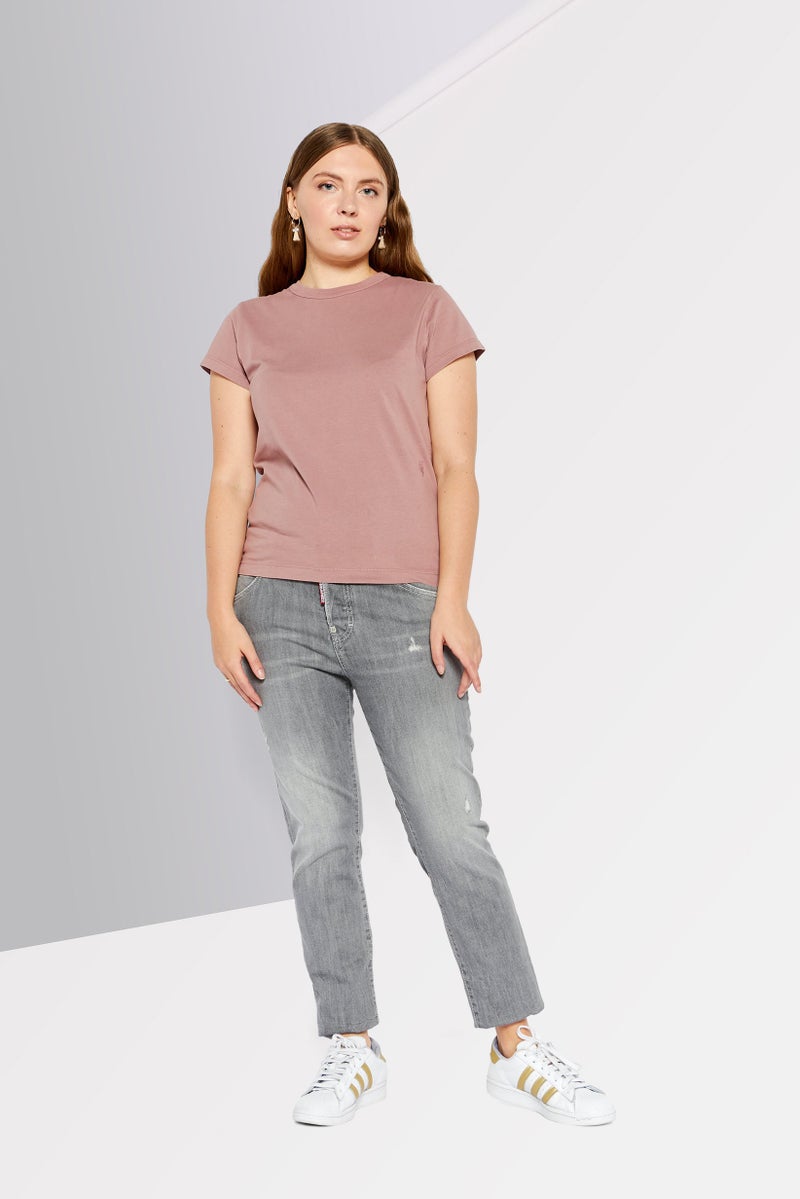 Women Crew Neck Short Sleeves Plain T-Shirt, Dusty Pink