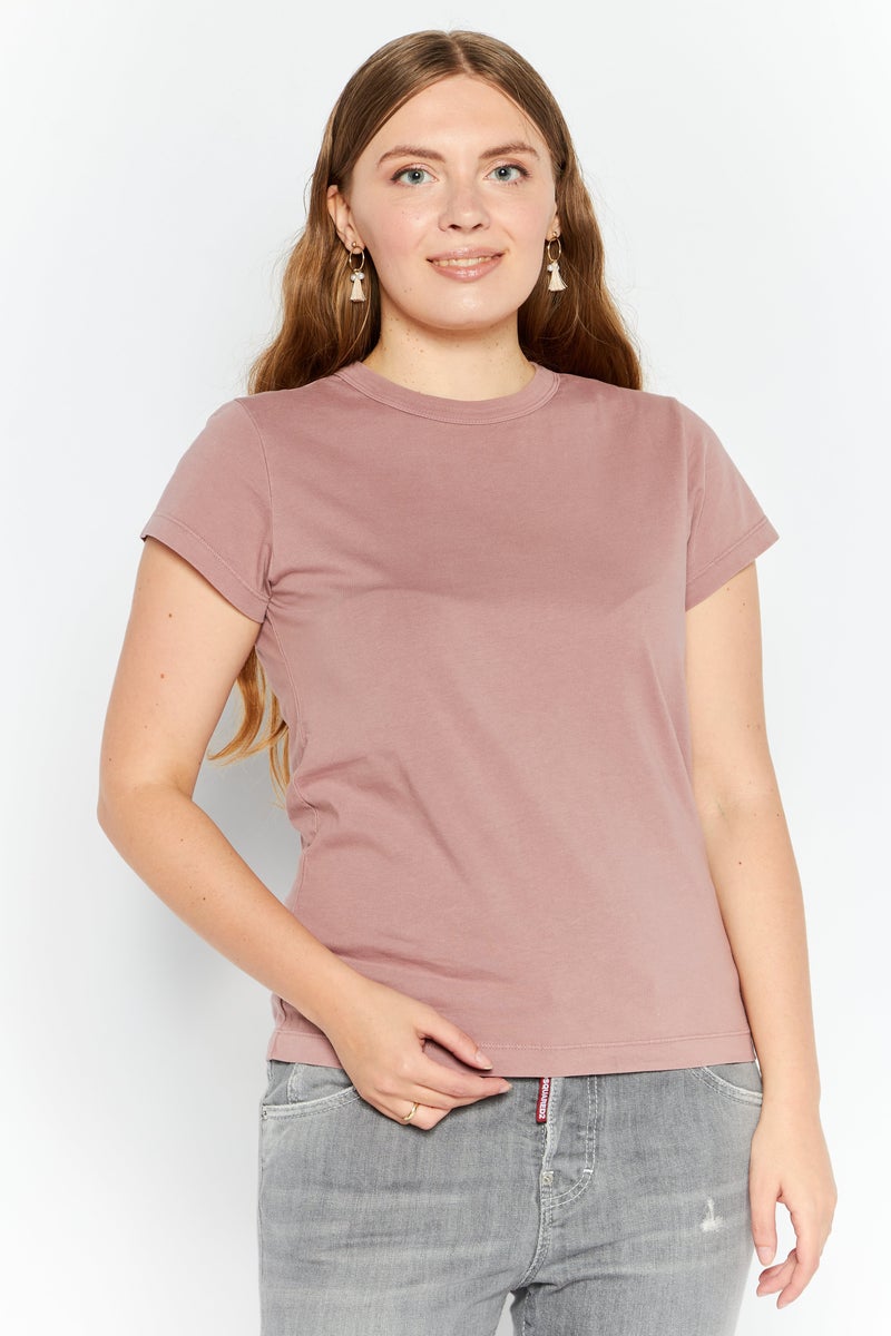 Women Crew Neck Short Sleeves Plain T-Shirt, Dusty Pink