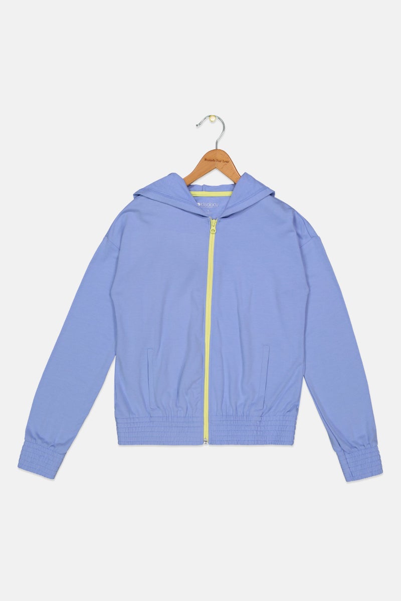 Kids Girl Hooded Long Sleeve Full Zip Sweatshirt, Sky Blue