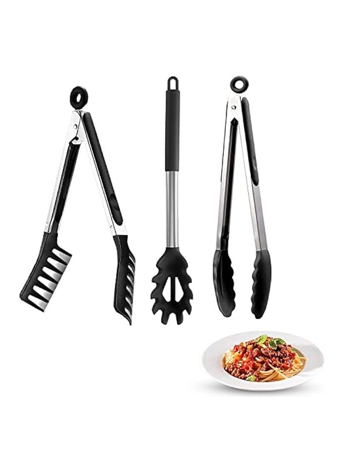 Spoon,Pasta Tong and Stainless Steel Locking Kitchen Tongs with Silicon Tips,Non-stick Silicone Fork and Stainless Steel Handle