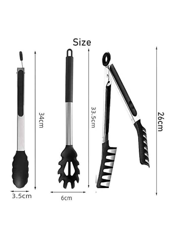 Spoon,Pasta Tong and Stainless Steel Locking Kitchen Tongs with Silicon Tips,Non-stick Silicone Fork and Stainless Steel Handle