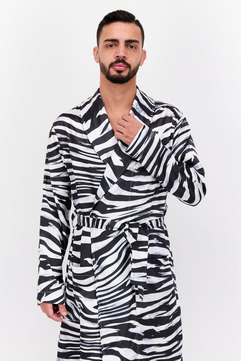 Men Animal Print Long Sleeve Belted Robe, Black/White