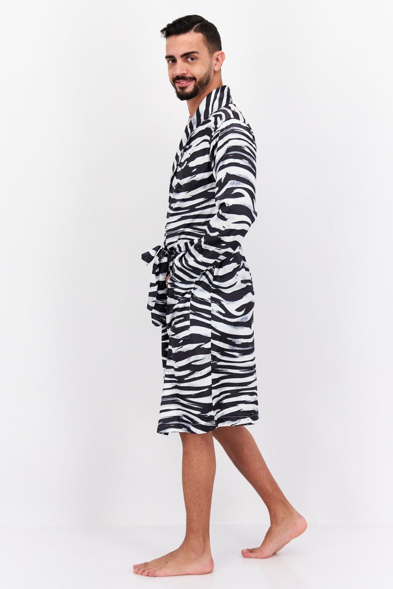 Men Animal Print Long Sleeve Belted Robe, Black/White