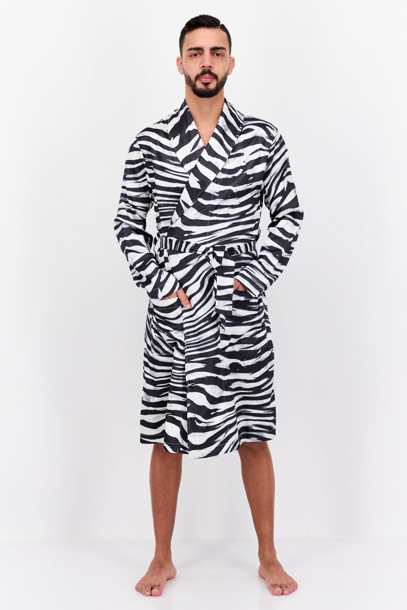 Men Animal Print Long Sleeve Belted Robe, Black/White