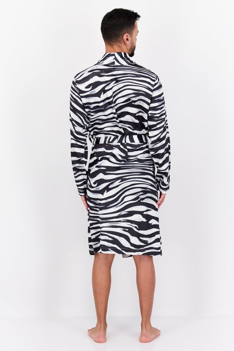 Men Animal Print Long Sleeve Belted Robe, Black/White