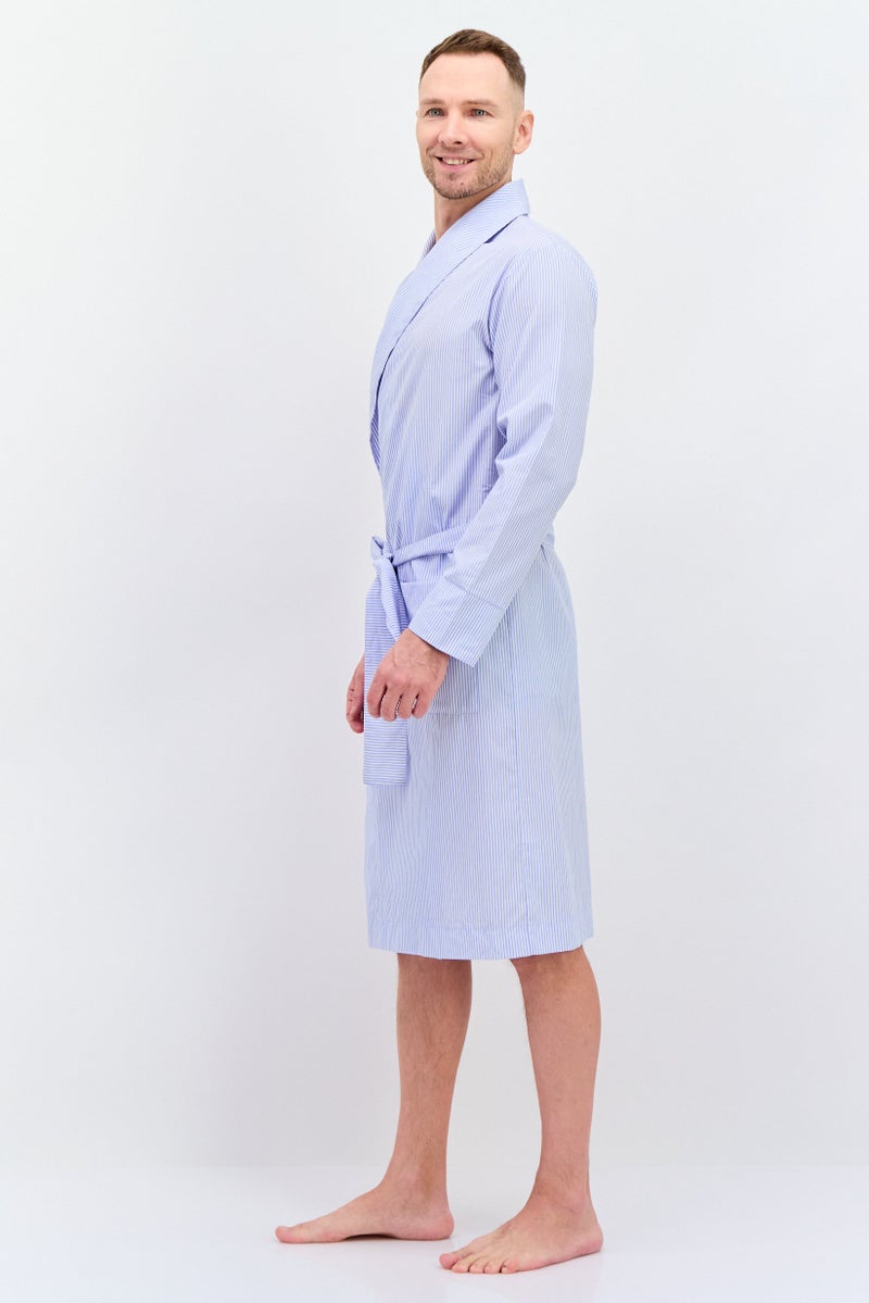 Men Stripe Tie Waist Robe, Blue/White