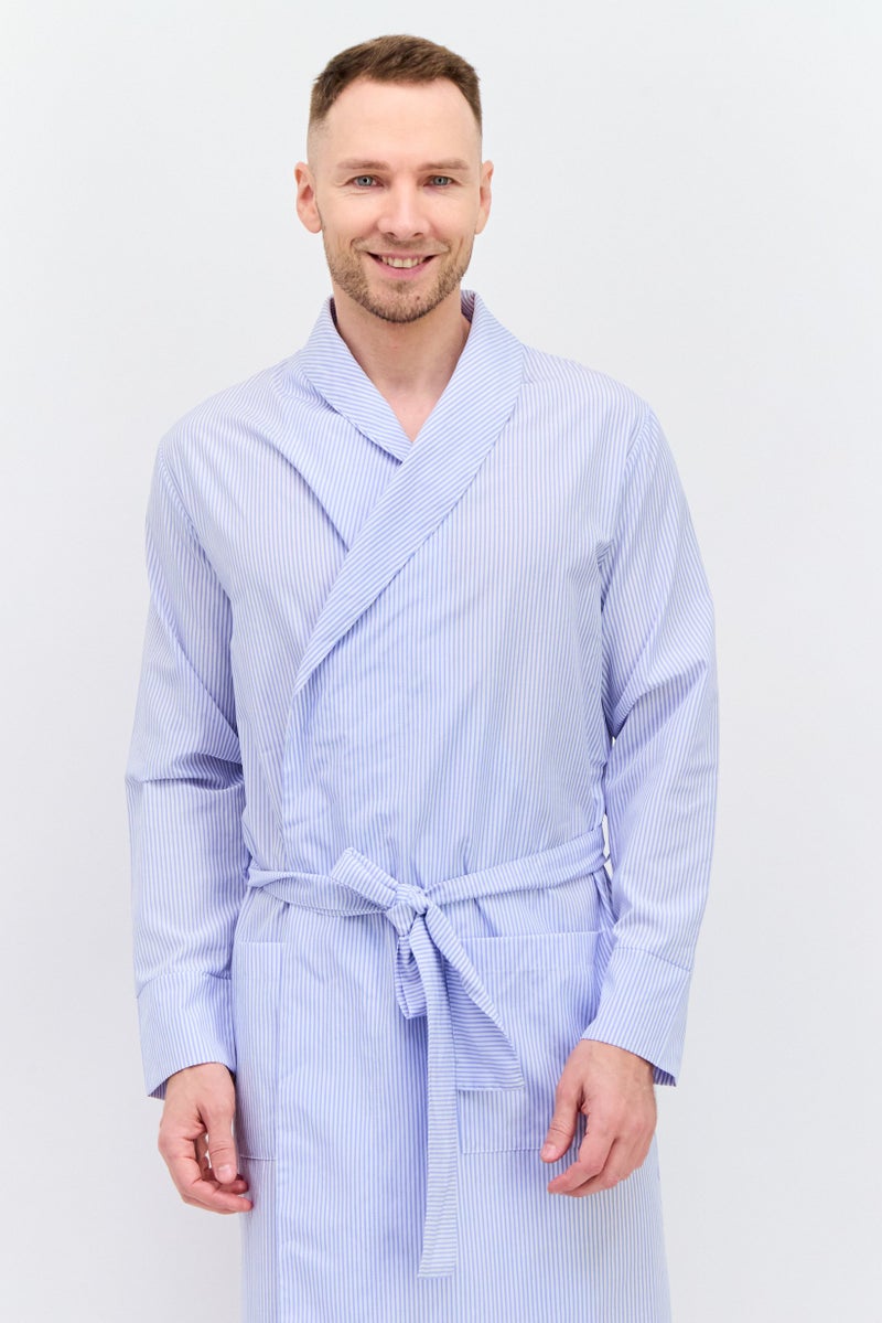 Men Stripe Tie Waist Robe, Blue/White