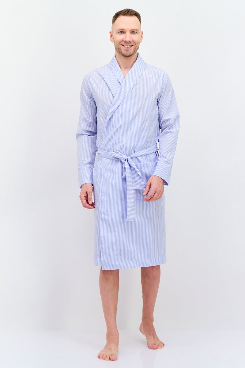 Men Stripe Tie Waist Robe, Blue/White