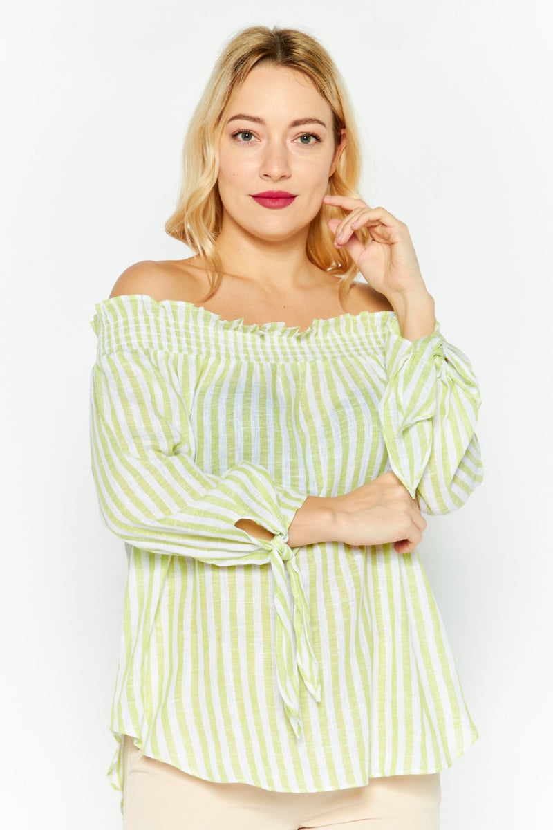 Women Off Shoulder Long Sleeves Stripe Blouse, Green