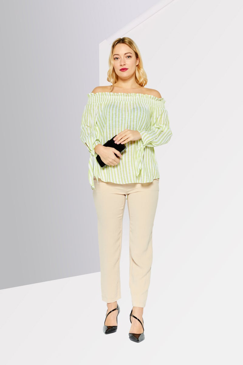 Women Off Shoulder Long Sleeves Stripe Blouse, Green