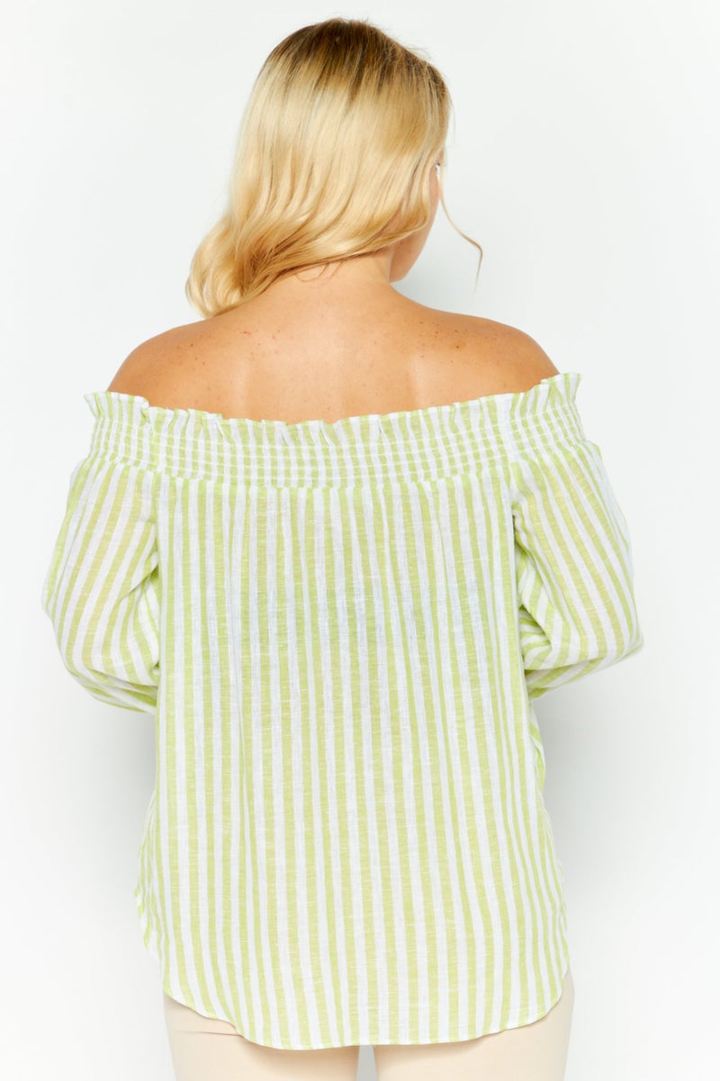 Women Off Shoulder Long Sleeves Stripe Blouse, Green