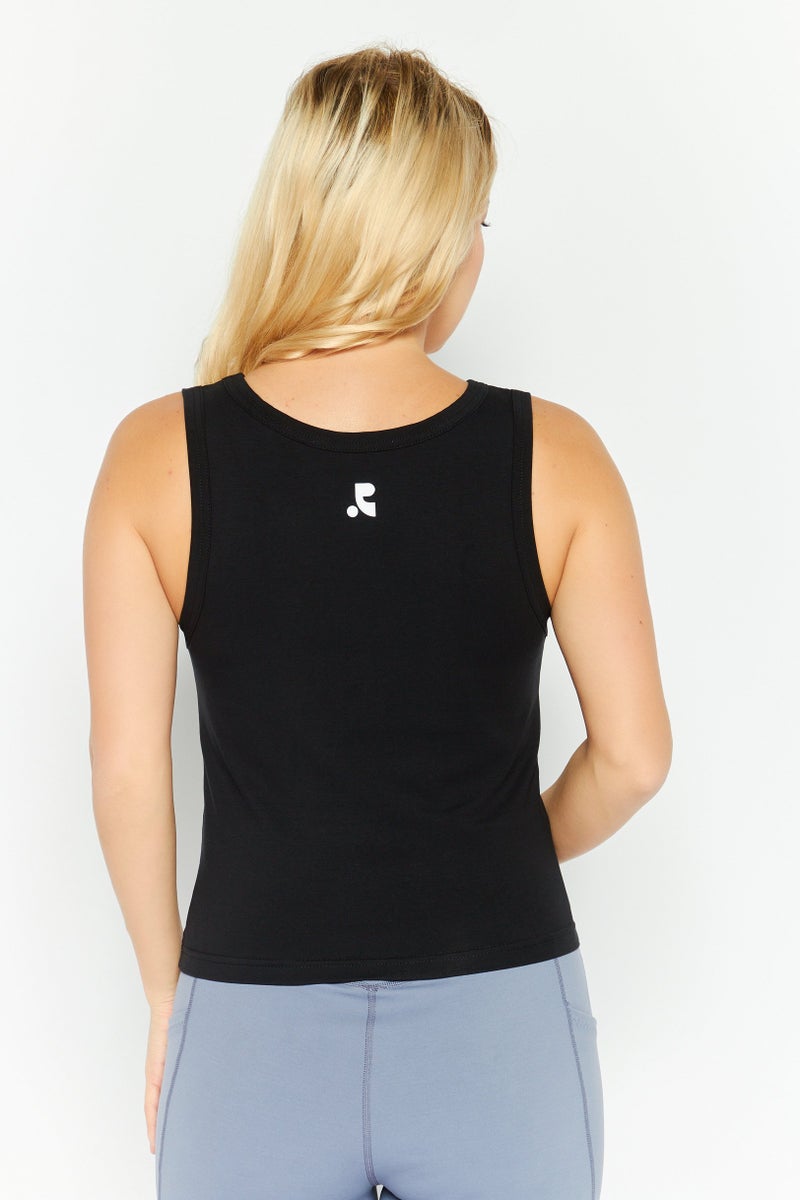 Women Round Neck Sleeveless Brand Logo Tank Top, Black