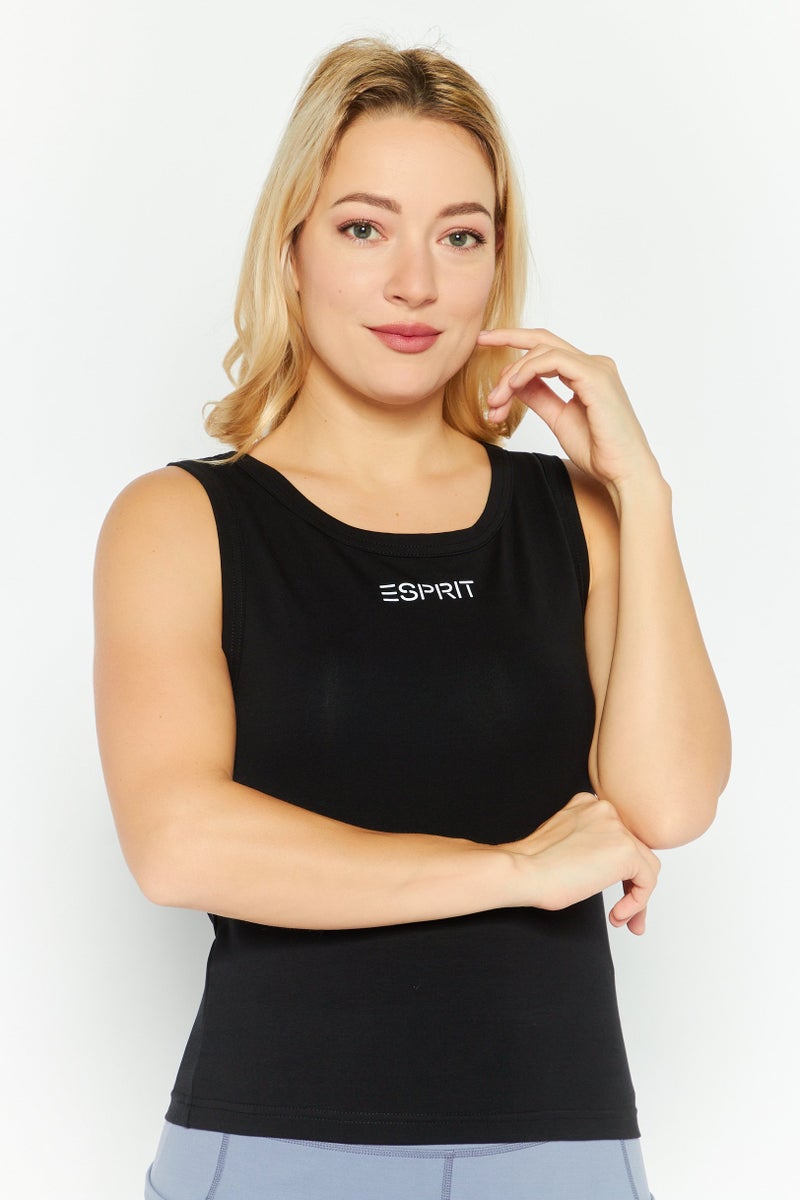 Women Round Neck Sleeveless Brand Logo Tank Top, Black