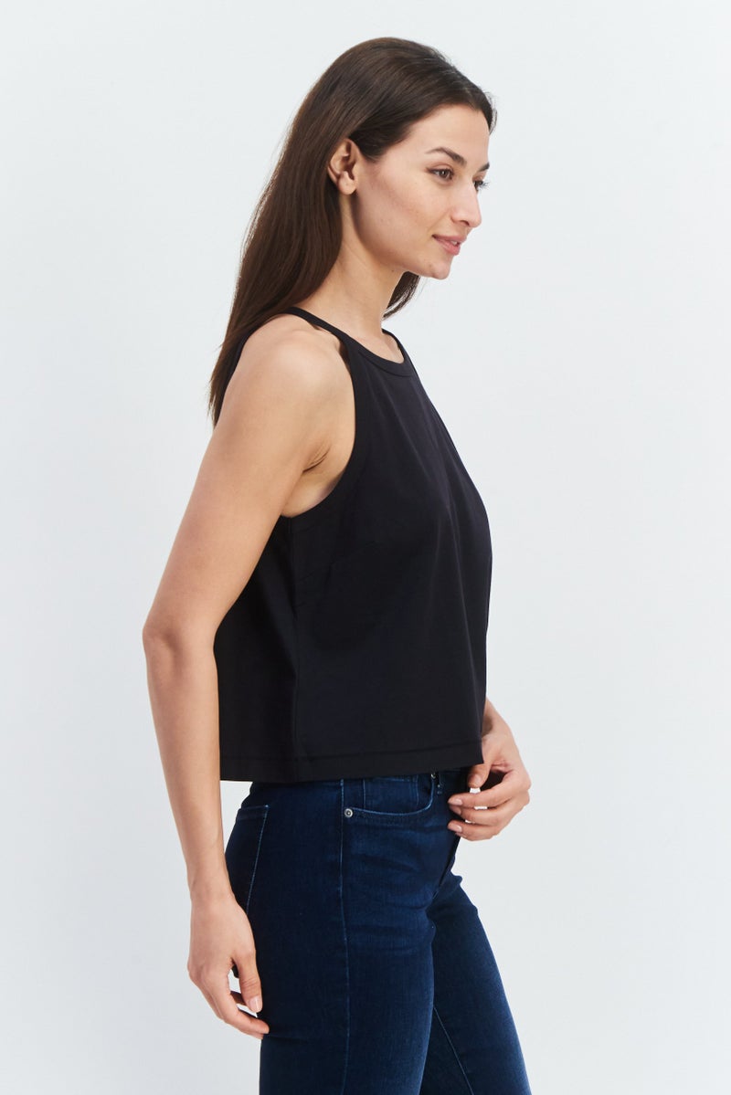 Women Tie Neck Sleeveless Plain Top, Black