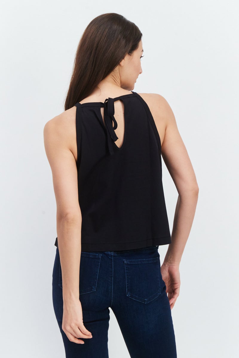 Women Tie Neck Sleeveless Plain Top, Black