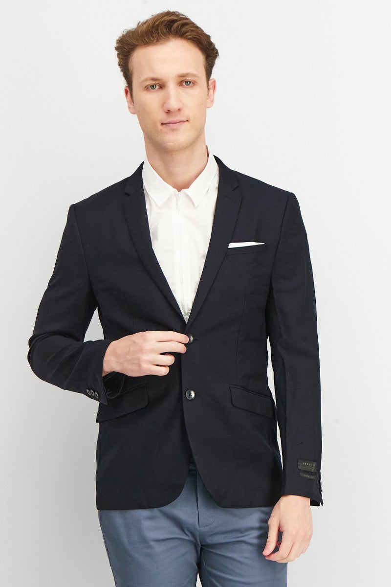 Men Modern Fit Solid Formal Blazer, Navy Blue