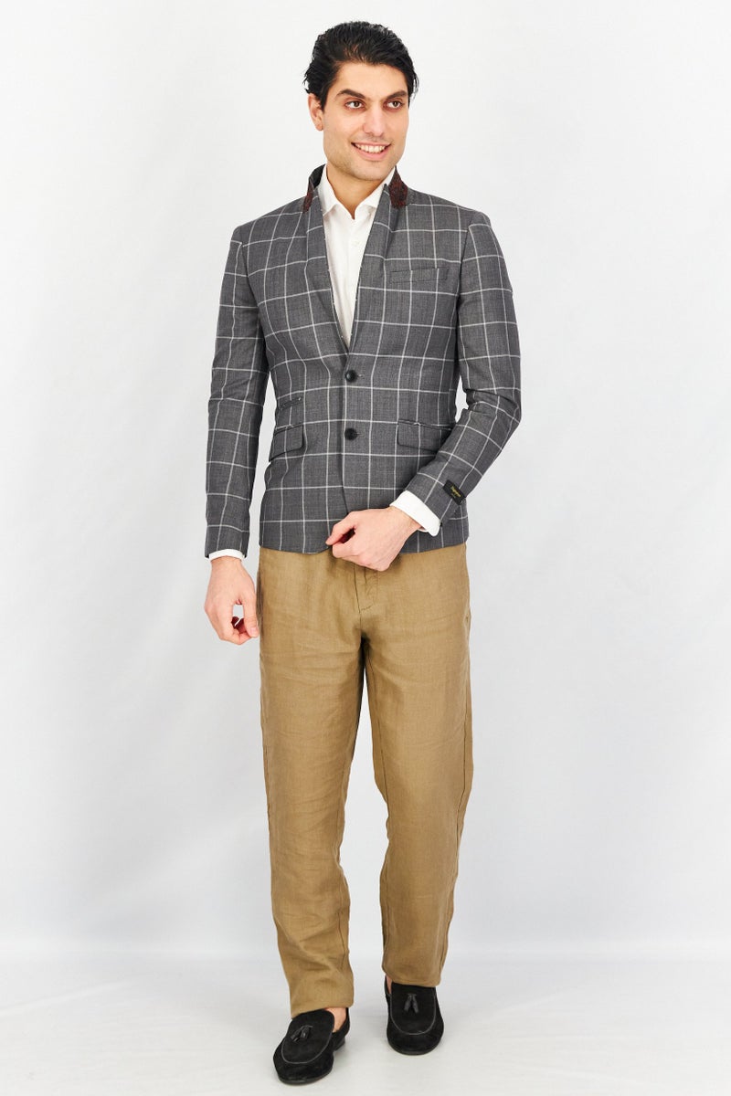 Men Slim Fit Grid Formal Blazer, Grey