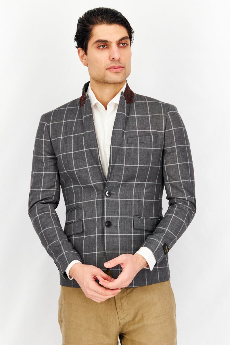 Men Slim Fit Grid Formal Blazer, Grey
