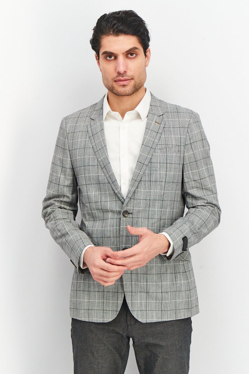 Men Slim Fit Windowpane Blazer, Opal Grey