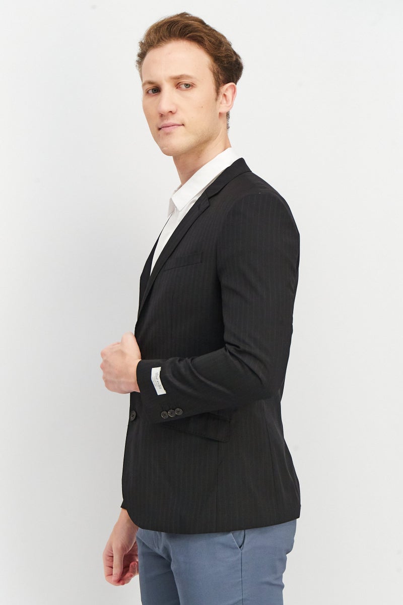 Men Fitted Striped Long Sleeve Blazer, Black