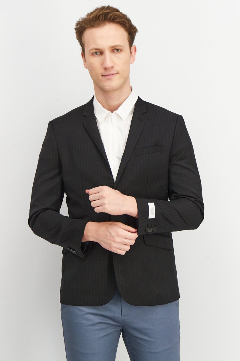 Men Fitted Striped Long Sleeve Blazer, Black