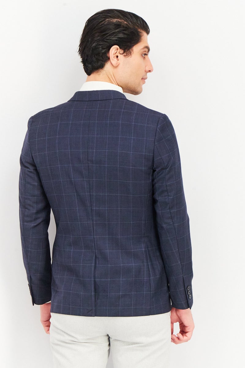 Men Regular Fit Long Sleeve Windowpane Blazer, Navy
