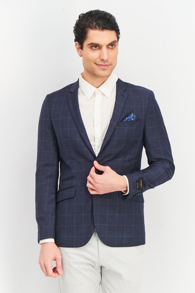 Men Regular Fit Long Sleeve Windowpane Blazer, Navy