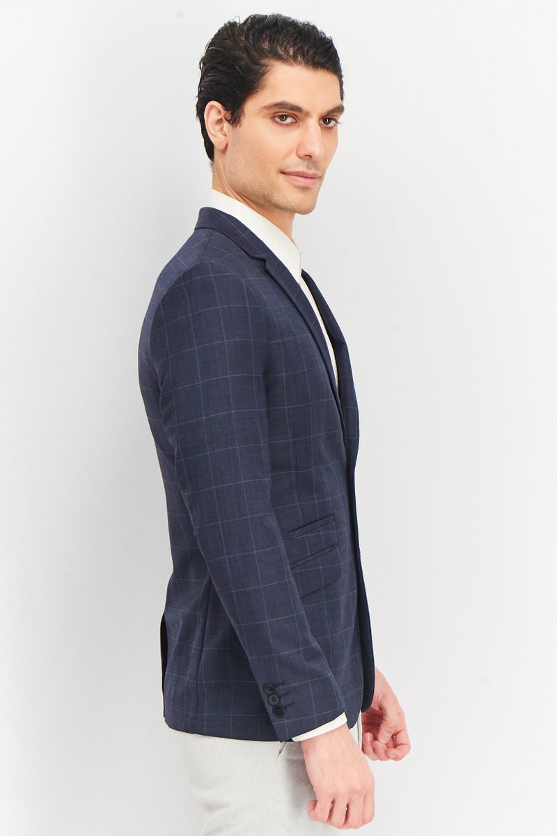 Men Regular Fit Long Sleeve Windowpane Blazer, Navy